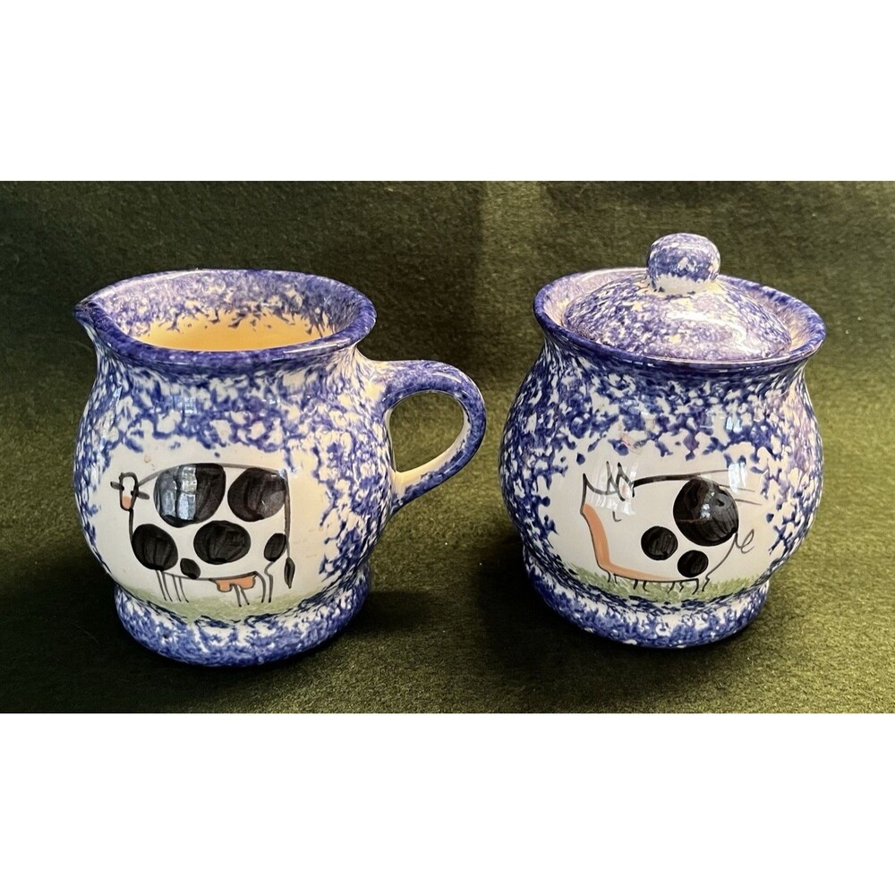 Vintage Molly Davis Spatterware Spongeware Cream & Sugar Bowl Farmhouse Cottage